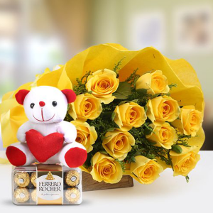 Yellow Roses With Rocher With Teddy